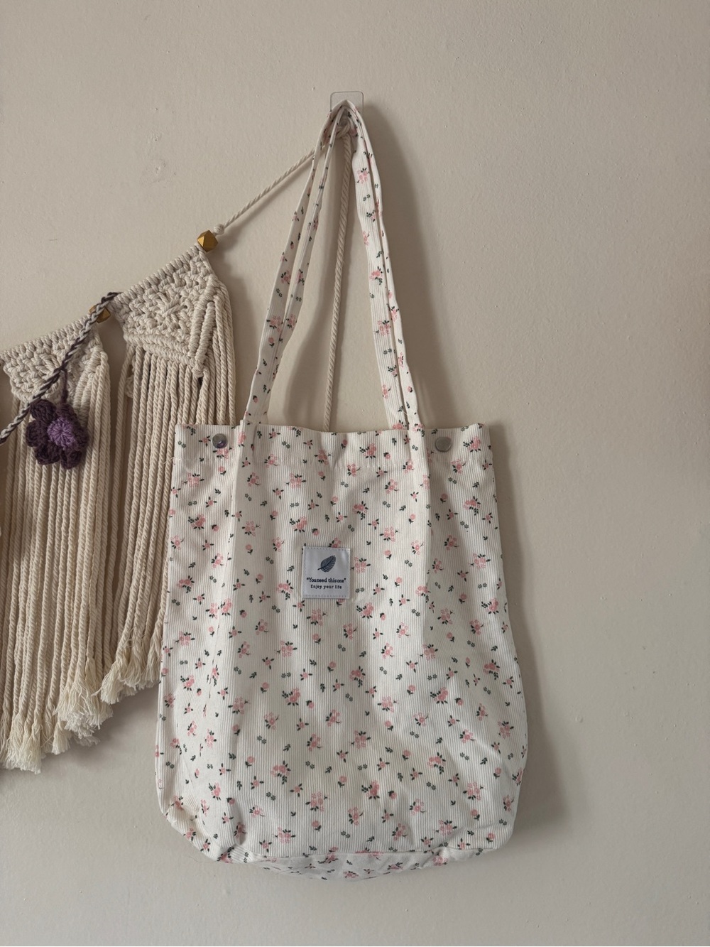 Floral Print Cream Canvas Tote Bag